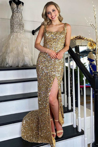 Gold Sequin Square Neck Backless Mermaid Long Formal Dress with Slit VK23121205