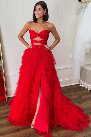 Red Strapless Ruffle Tiered Prom Gown with Keyholes VK24011102