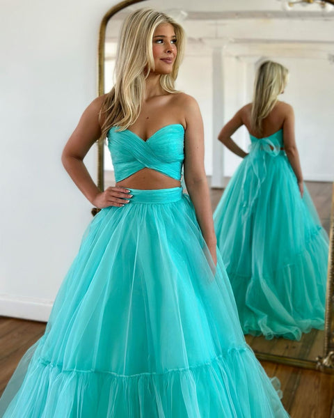 Cute Ball Gown V Neck Mint Long Prom Dresses VK23050603