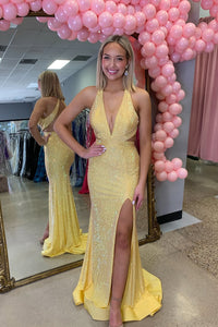 Mermaid Halter Yellow Beads Long Prom Dresses with Slit VK25032505