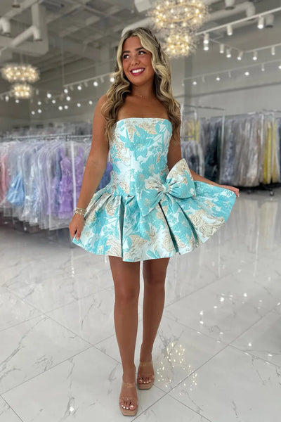 A Line Strapless Pink Jacquard Satin Short Homecoming Dress with Bow VK26061405