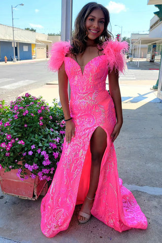 Hot Pink Sheath Feathered Shoulders Lace Long Prom Dresses with Slit VK23090802