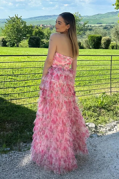 Fairy A Line Strapless Floral Tulle Tiered Prom Dress VK020104