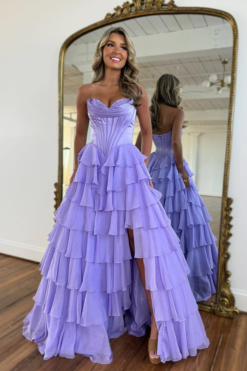 A-Line Strapless Lilac Ruffle Tiered Long Prom Dress with Slit VK25031101