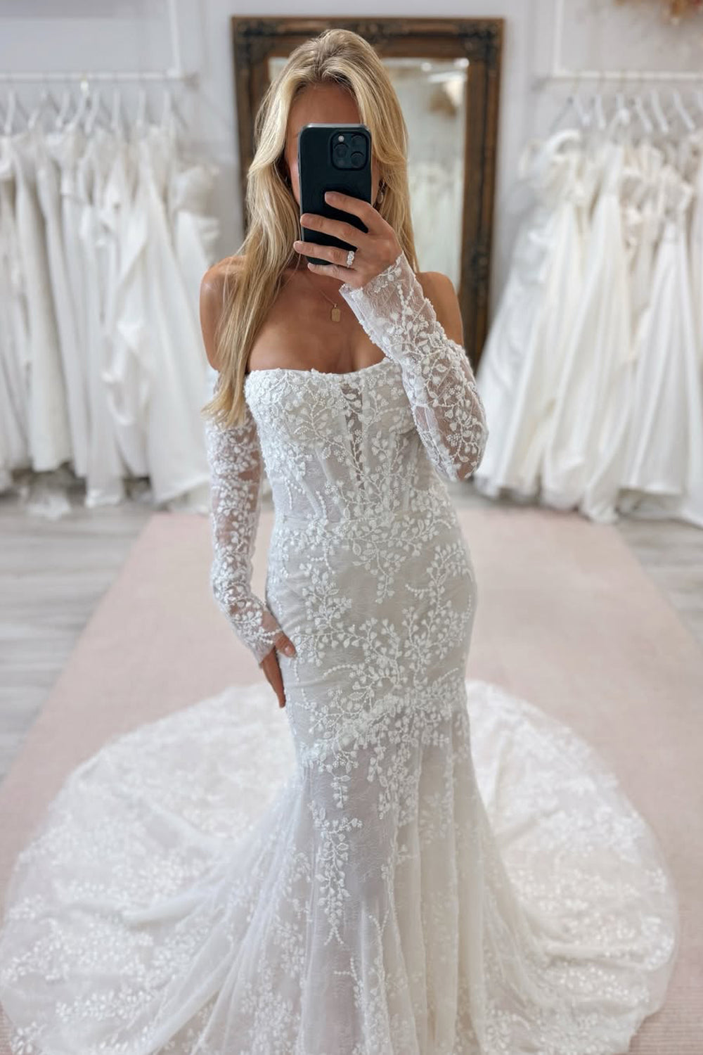 Boho Mermaid Off the Shoulder Long Sleeves Lace Wedding Dress VK25112402