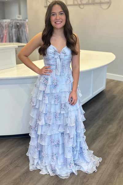 Cute A Line Sweetheart Floral Chiffon Tiered Prom Dress with Slit VK25122904