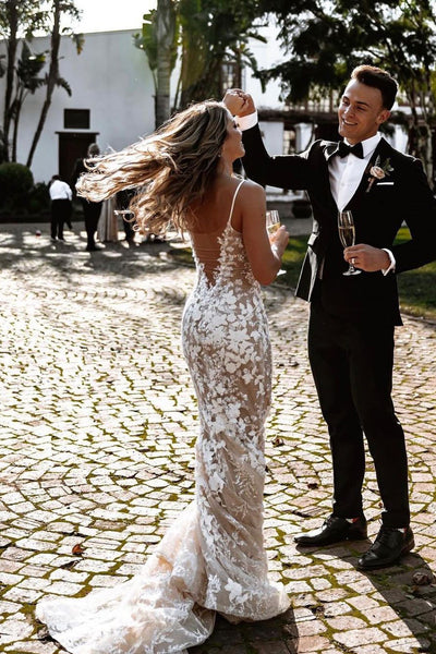 Luxurious Mermaid V Neck Lace Wedding Dresses VK25052202