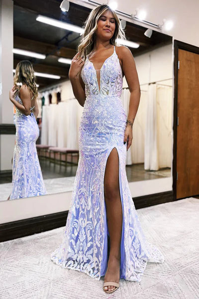 Cute Mermaid V Neck Blue Sequins Slit Prom Dress Party Dresses VK26031502