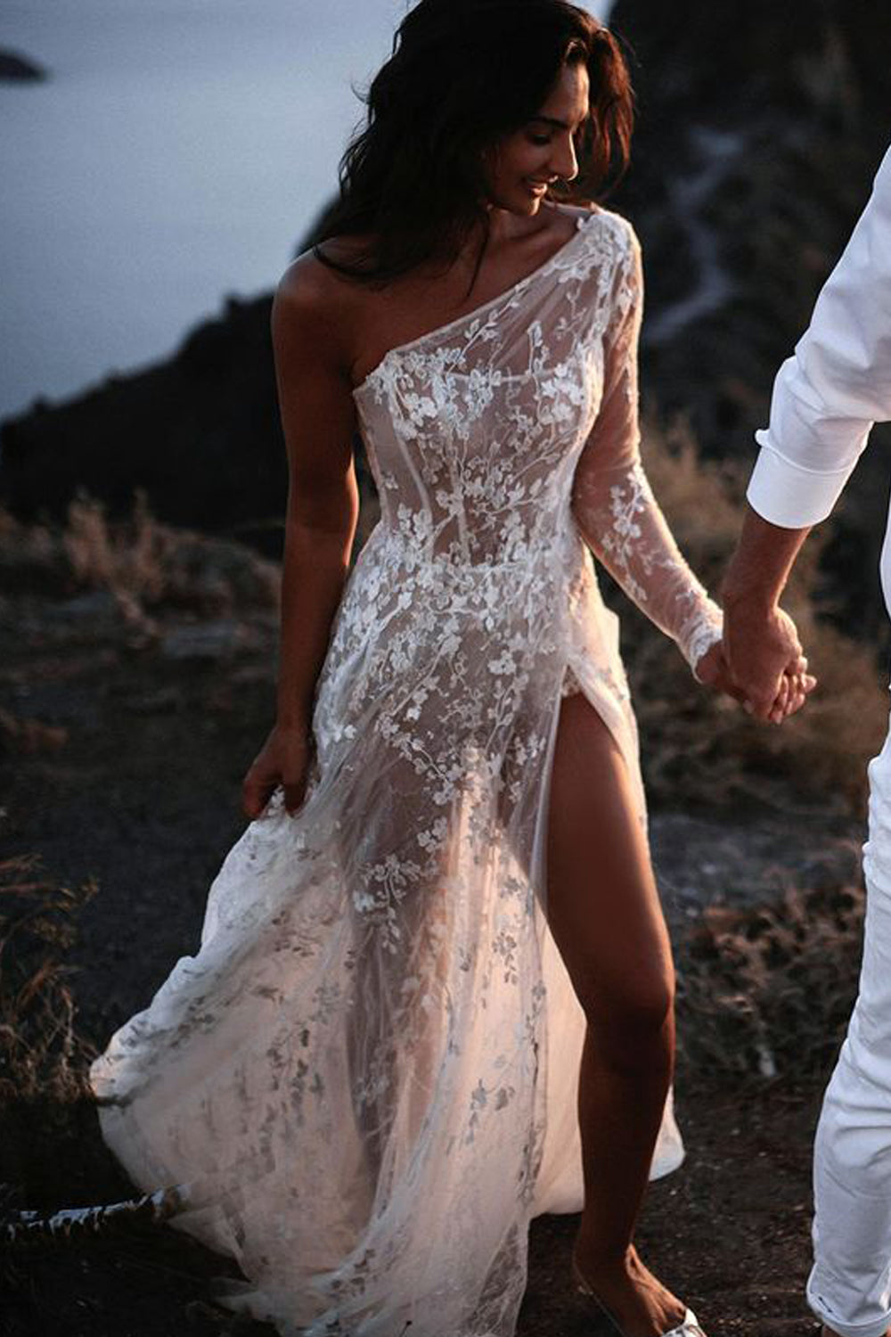 Charming A-Line One Shoulder White Lace Beach Wedding Dresses with Slit VK25111501