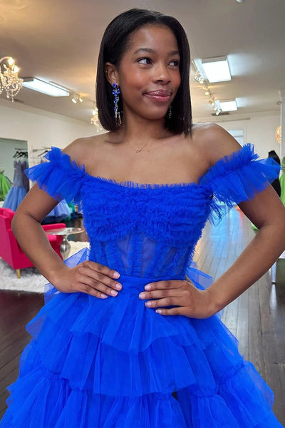 Royal Blue Off the Shoulder Ruffle Tiered Tulle Long Prom Dresses with Slit VK24013103