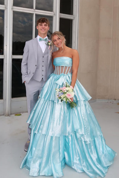 Gorgeous Ball Gown Strapless Aqua Tiered Organza Prom Gown with Bow VK25052405