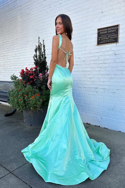 Mermaid Square Neck Mint Satin Long Prom Dress with Beading VK26031908