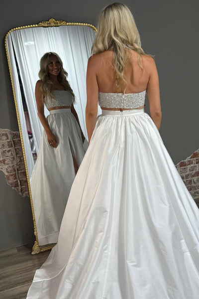 Cute Ball Gown Strapless Two Piece Satin Long Prom Dress with Beading VK25052904