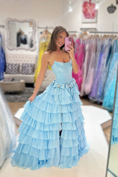 A Line Scoop Neck Light BlueTiered Chiffon Prom Dress with Bow VK111002
