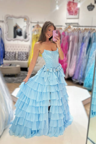 A Line Scoop Neck Light BlueTiered Chiffon Prom Dress with Bow VK111002