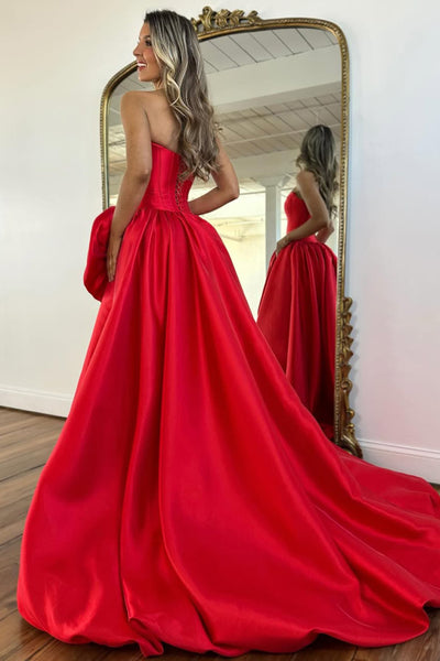 A-Line Strapless Red Satin Prom Dresses with Handmade Flower VK26012707