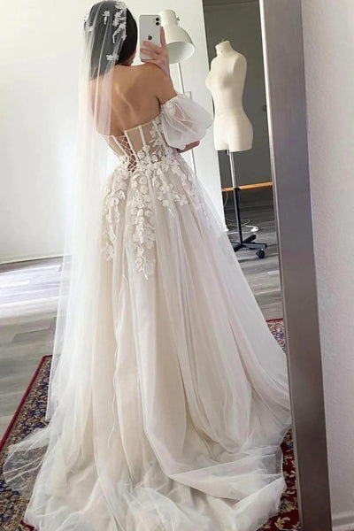 Princess A Line Off the Shoulder White Wedding Dress with Appliques VK23090102