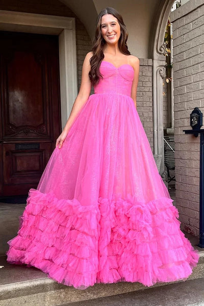 Fuchsia Strapless Ruffle A-Line Long Prom Dress VK23122001