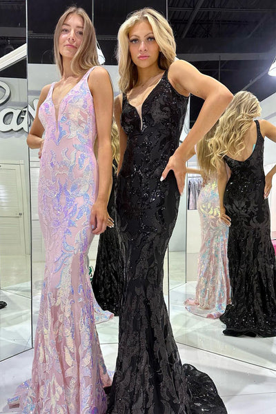 V Neck Pink Sequin Lace Mermaid Long Prom Dress VK23102311