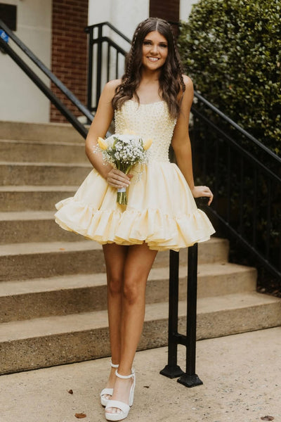 A Line Scoop Neck Daffodial Tulle Homecoming Dress with Beading VK090801