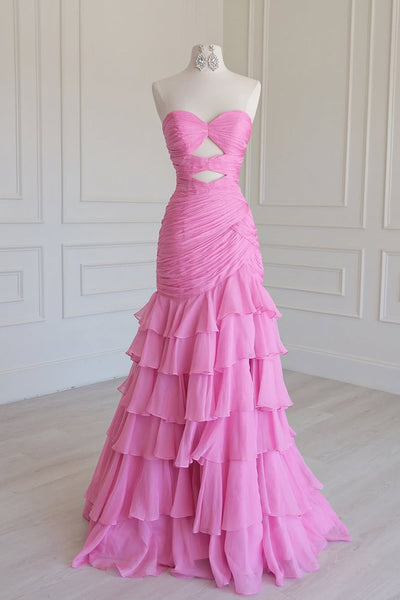 Cute Mermaid Sweetheart Pink Chiffon Tiered Long Prom Dress with Slit VK16020502