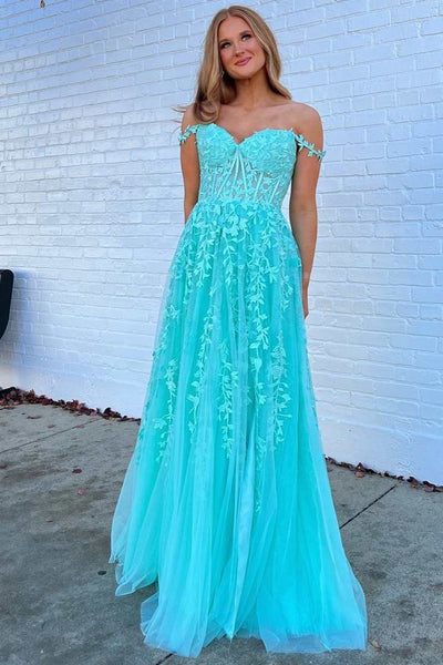 Aqua Floral Lace Sweetheart A-Line Prom Dress VK23092603