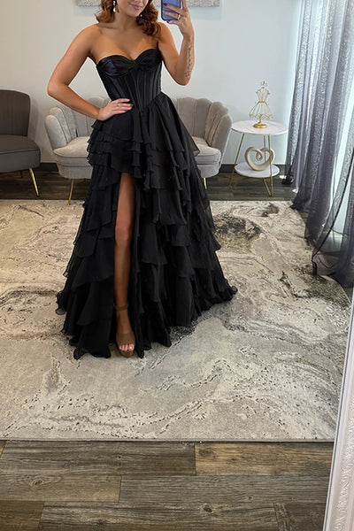 Classic Ball Gown Strapless Black Chiffon Ruffle Tiered Prom Dresses with Slit VK26010706
