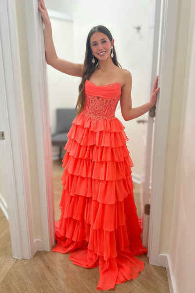 Cute A Line Strapless Orange Chiffon Tiered Long Prom Dress with Slit VK26031106