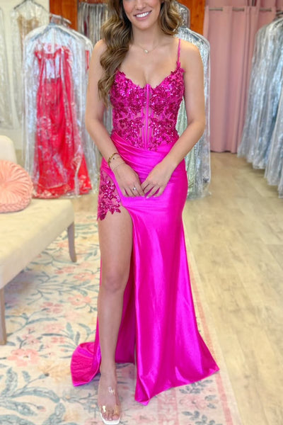 Mermaid V Neck Fuchsia Satin Sequin Lace Long Prom Dress with High Slit VKPD002