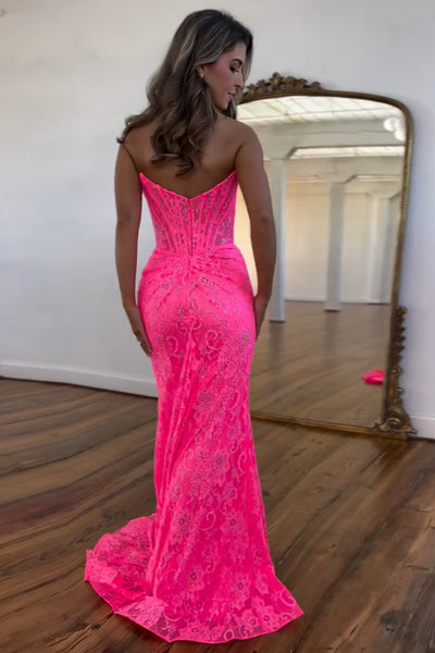 Charming Mermaid Scoop Neck Pink Lace Long Prom Dresses with Slit VK24102011