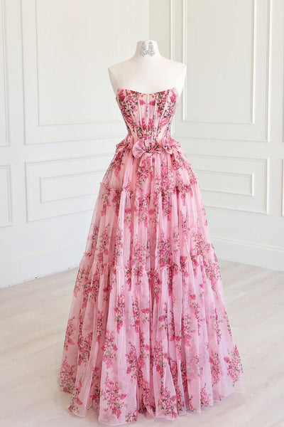 Fairy A Line Scoop Neck Floral Chiffon Long Prom Dress VK161904