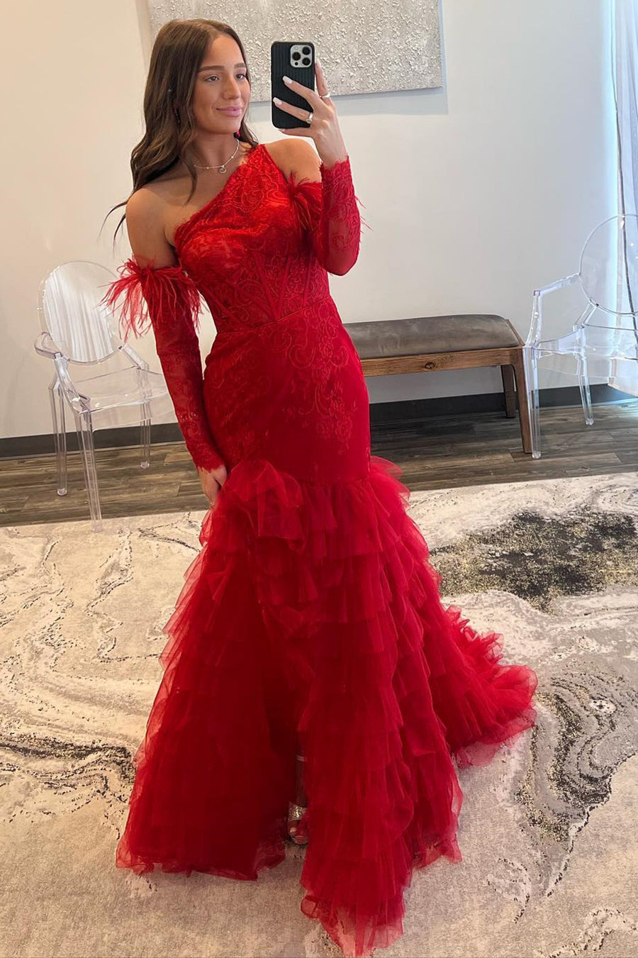 Red Lace One-Shoulder Tiered Mermaid Long Prom Dress VK23093010