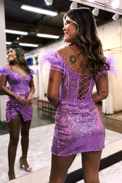 Royal Blue Off the Shoulder Sequin Short Homecoming Dress with Feather VK23090306