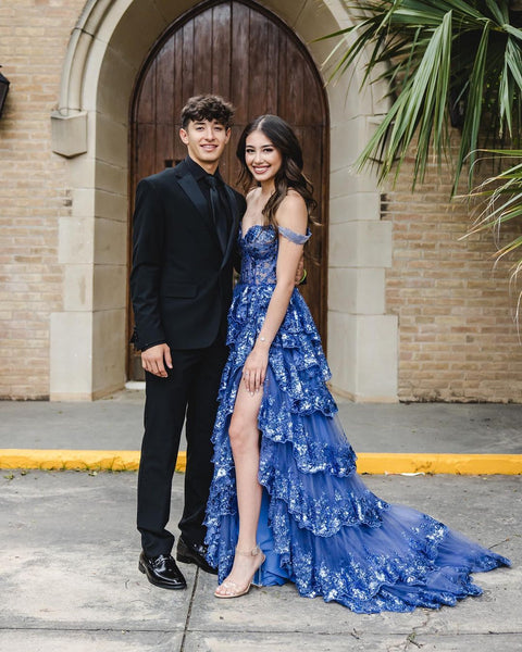 Dazzling Ball Gown Off the Shoulder Long Prom Dresses with Appliques VK23050605