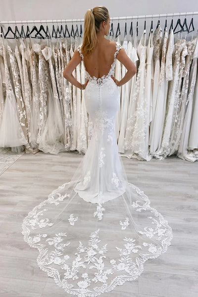 Romantic Mermaid Cap Sleeves White Satin Wedding Dresses with Lace VK23082703
