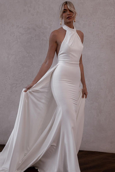 White Satin Halter Wedding Dresses with DetachableTrain VK23111105