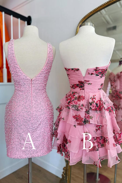 Cute Bodycon Strapless Floral Chiffon Tiered Short Homecoming Dress VK25053107