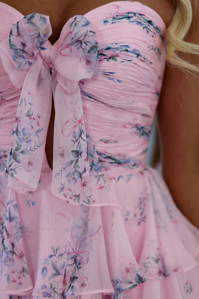 A Line Sweetheart Pink Floral Chiffon Short Homecoming Dress AB26073106