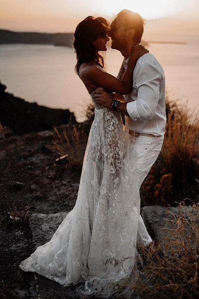 Charming A-Line One Shoulder White Lace Beach Wedding Dresses with Slit VK25111501