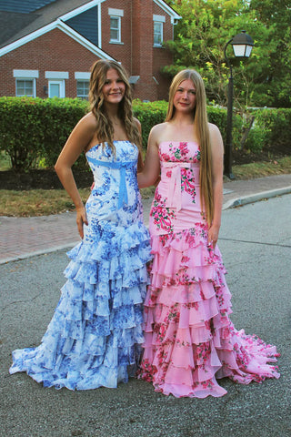 Cute Mermaid Strapless Floral Chiffon Tiered Prom Dress VK25120501
