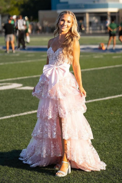 Charming A Line Sweetheart Blush Pink Tulle Long Prom Dresses with Bow VK24092208