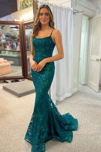 Dark Green Scoop Neck Sequins Lace Mermaid Prom Dresses VK24011001