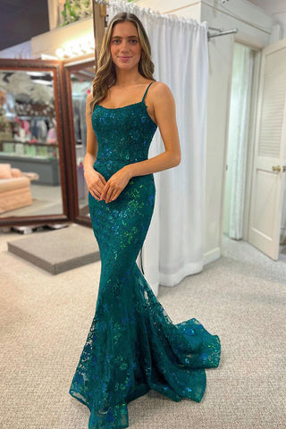 Dark Green Scoop Neck Sequins Lace Mermaid Prom Dresses VK24011001