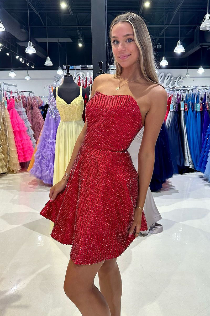 A-Line Strapless Red Beaded Short Homecoming Dresses VK24062104