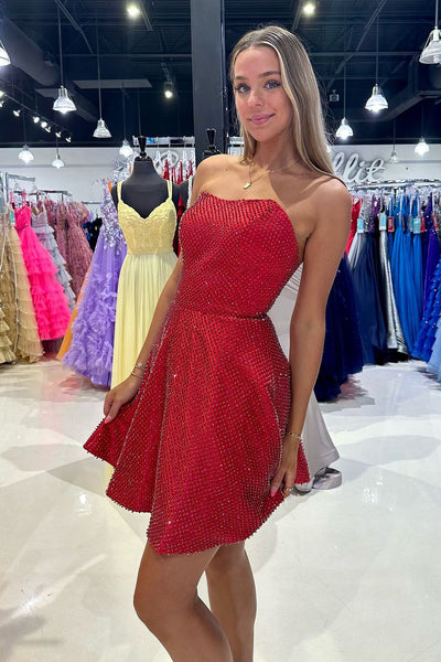 A-Line Strapless Red Beaded Short Homecoming Dresses VK24062104