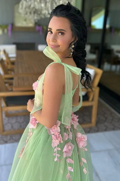 Fairy A Line Sweetheart Sage Green Tulle Long Prom Dress with Appliques VK25010701