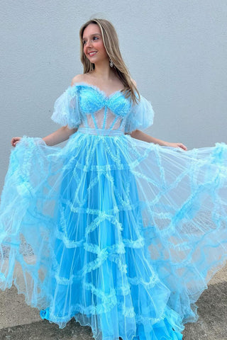 Light Blue Sweetheart Ruffle Tulle Long Prom Dresses VK24031901