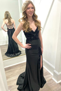 Black V Neck Satin Mermaid Long Prom Dresses with Slit VK24031204