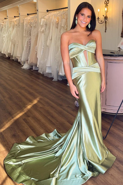 Sage Green Satin Strapless Mermaid Long Prom Dresses VK23112305