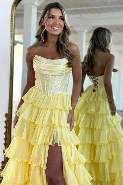 Gorgeous A Line Strapless Daffodial Tiered Chiffon Prom Evening Dresses with Hot Stone VK25052302